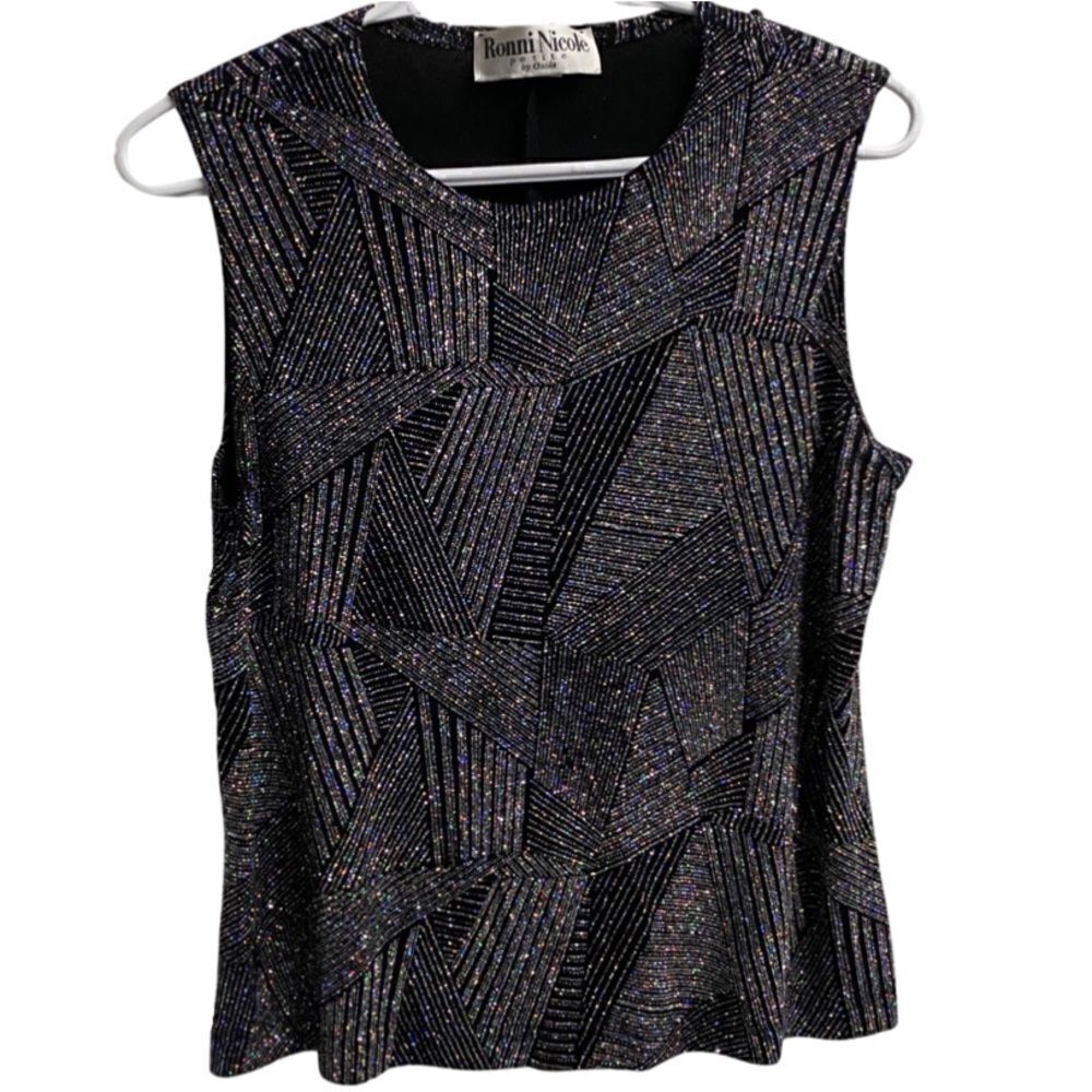*Ronni Nicole Petite By Ouida* Black & Silver Abstract Sleeveless Blouse